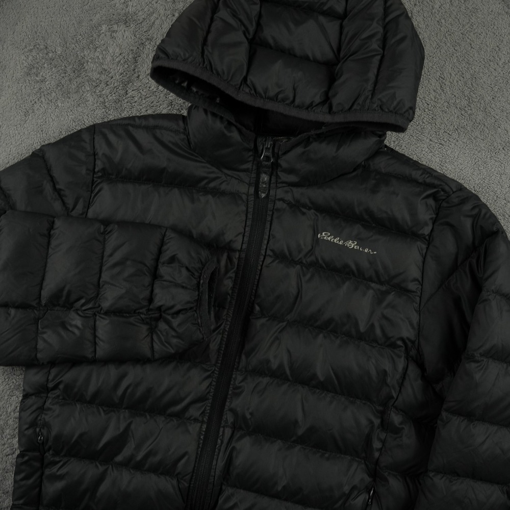 Eddie Bauer Kids Goose Down Jacket Size M‎ 10/12 Black Hooded Puffer Winter Coat